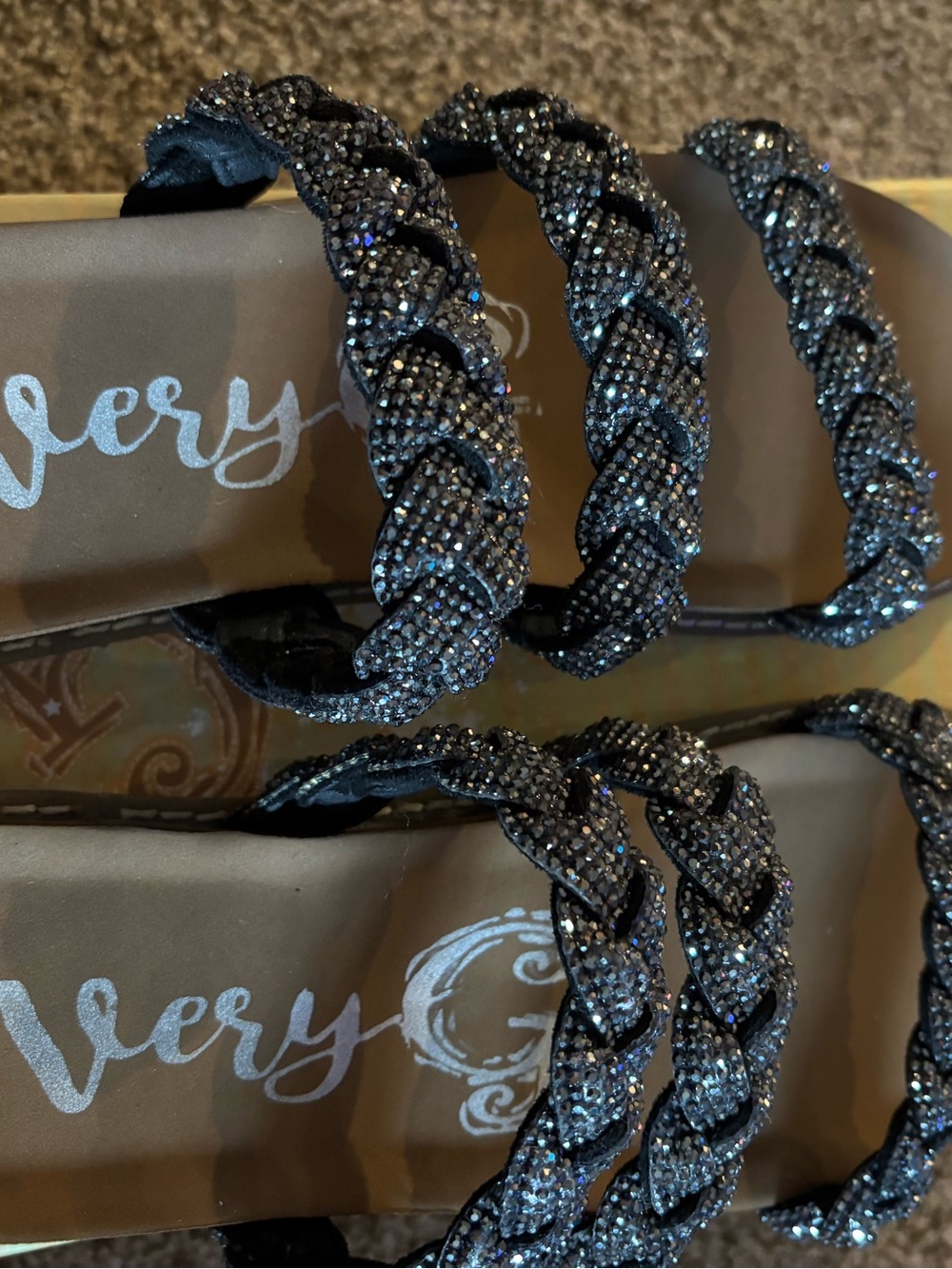Stacia Bedazzled Embellished Braided Black Crystal Slide Sandals. Very G. 9